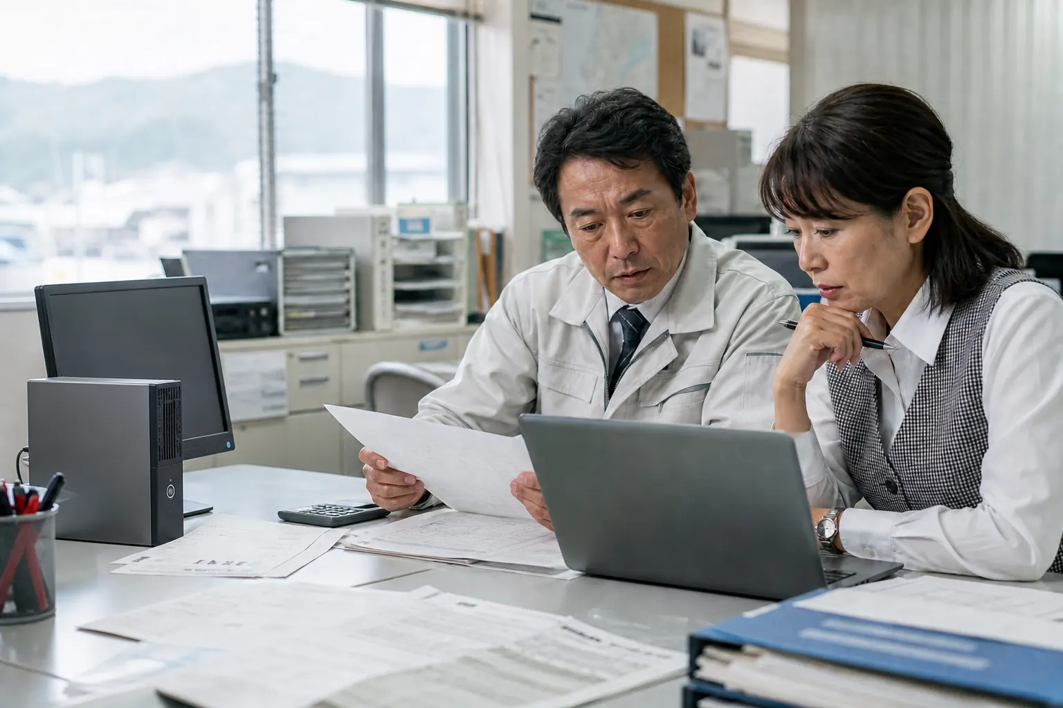 紙の帳票やパソコンを前に業務上の課題を確認する二人の社員