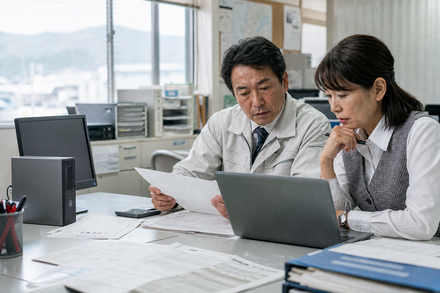 紙の帳票やパソコンを前に業務上の課題を確認する二人の社員