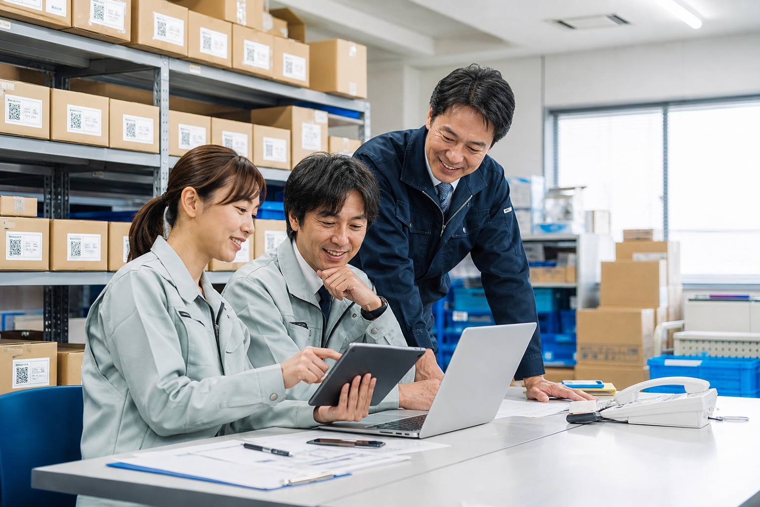タブレットとパソコンを使い、改善された在庫管理業務を確認する社員たち