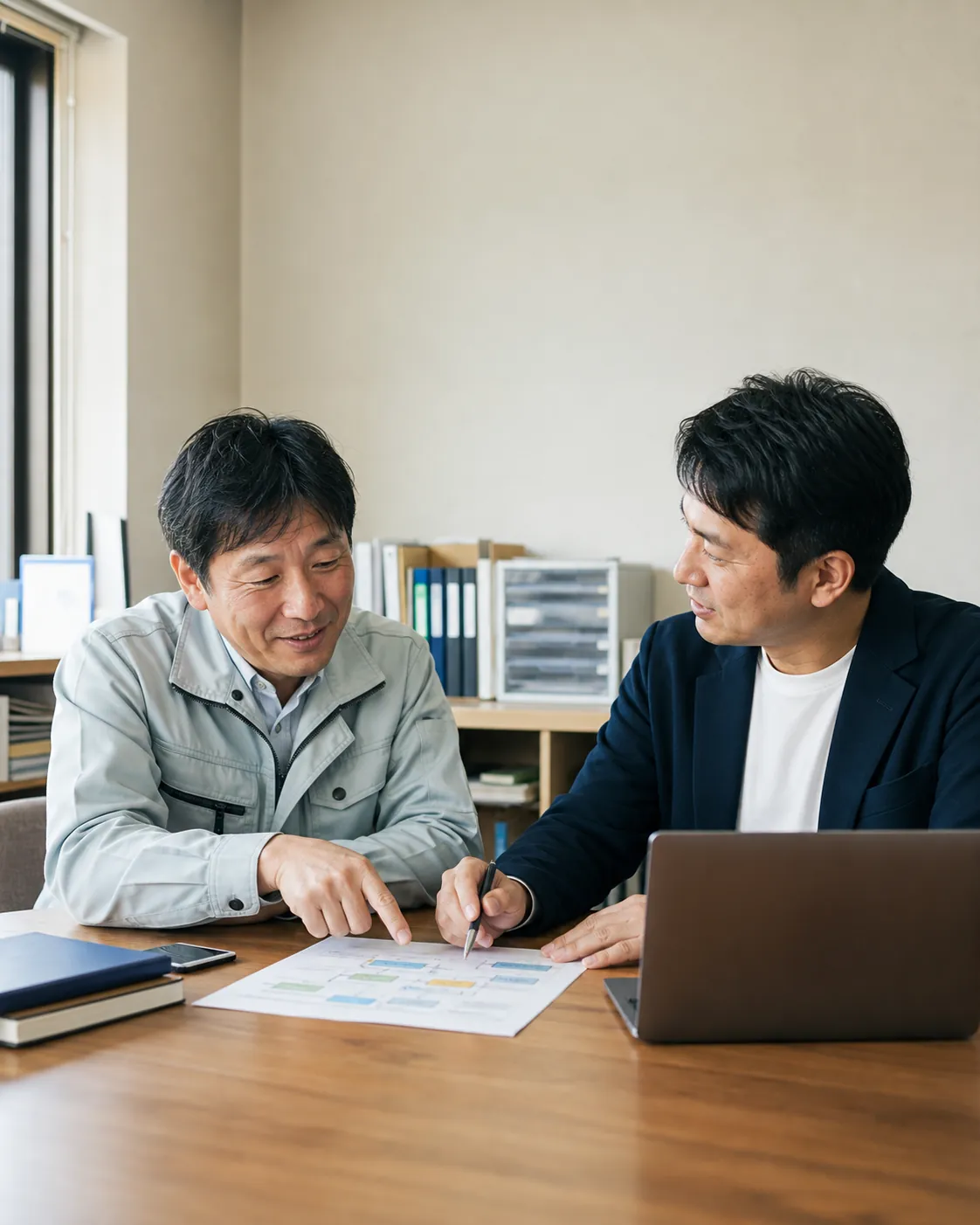 業務フローを確認しながら改善の次の一歩を話し合う顧客とコンサルタント