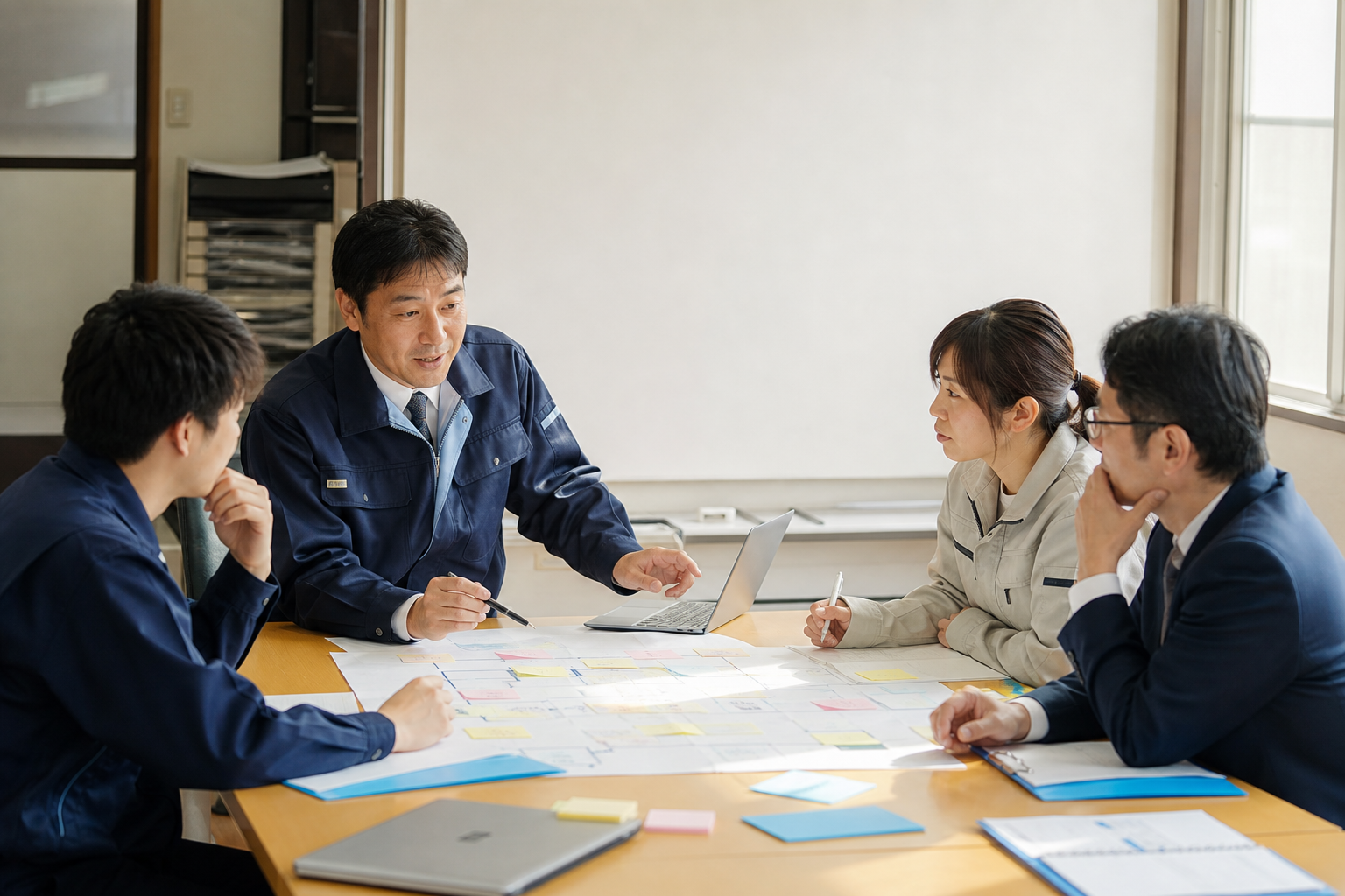 現場社員とコンサルタントが業務フローを囲んで改善策を話し合う様子